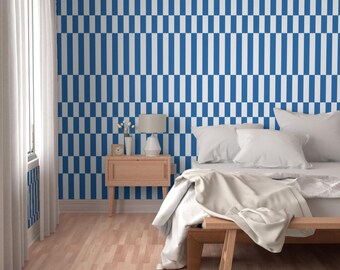 Fresh Amalfi Blue and White Abstract Check Striped Wallpaper, Maximalist Decor, Removable Wallpaper