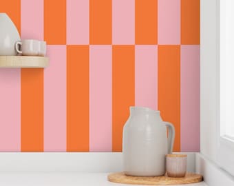 Orange and Pink Striped Removable Wallpaper, Funky Accent Decor