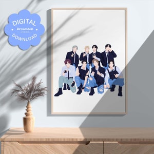May include: A digital illustration of a group of eight men in a band, wearing blue jeans, black shirts, and white shirts. The men are posing in a group photo, with their arms around each other. The background is white.