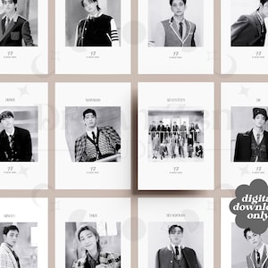 Op de afbeelding: Een set van 10 zwart-wit fotokaarten met leden van de K-pop groep Seventeen. Elke kaart heeft een foto van een ander lid en de groepsnaam "SEVENTEEN" en het nummer "17" erop gedrukt.