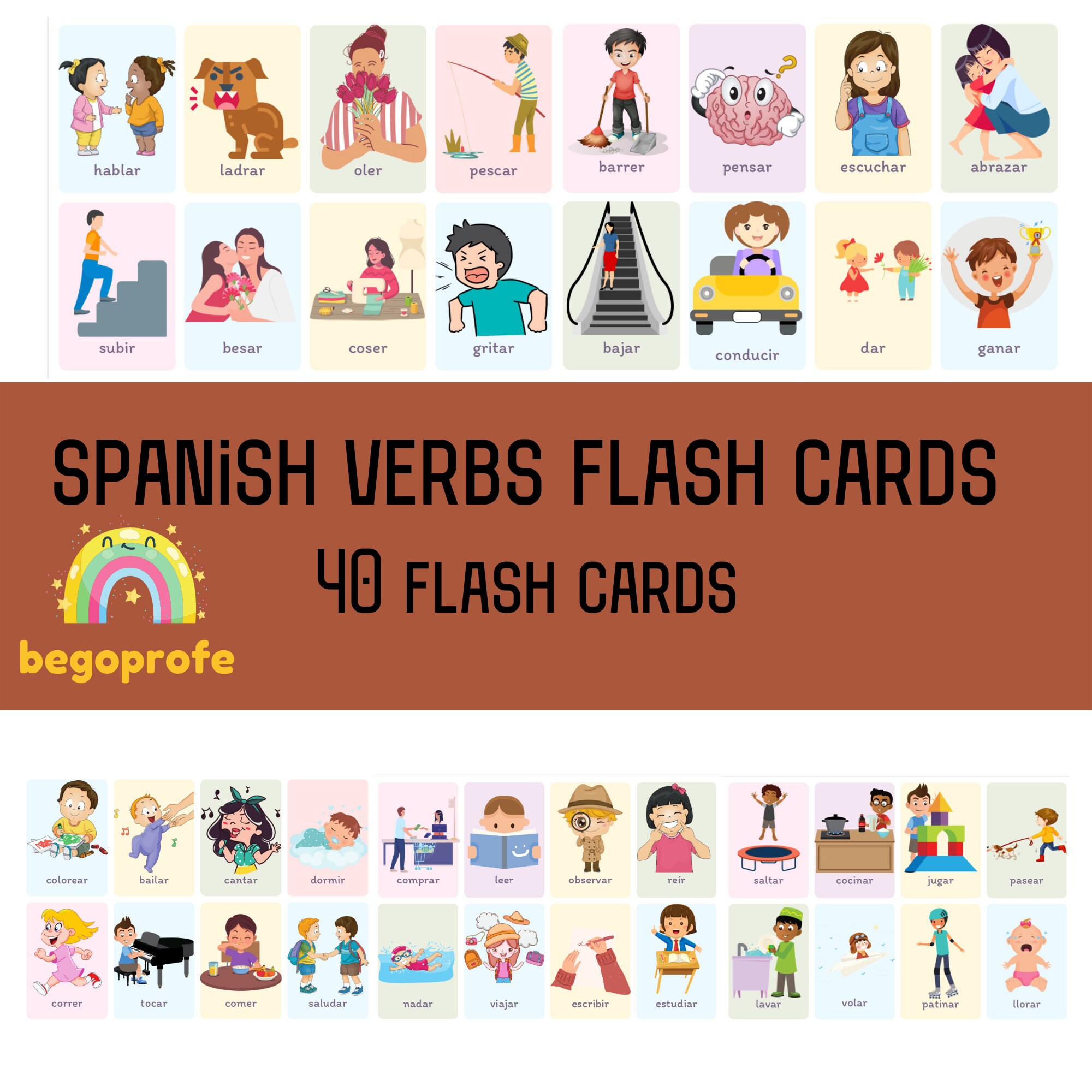 Spanish Verbs Flashcards Printable for School Activities for Etsy