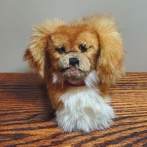 Puede incluir: Un perro de peluche con pelo marrón y blanco. El perro lleva un collar rojo y tiene una expresión seria.