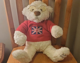 Vintage Bear Factory Limited Edition #20,000 UK teddy w/ Red Sweater and glasses - white soft plush stuffy collector