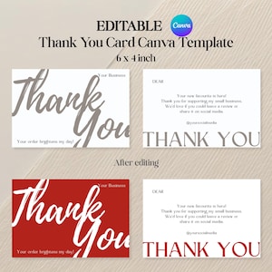 Cartão de agradecimento luxuoso EDITÁVEL CANVA | Cartão de agradecimento minimalista para pequenas empresas | Cartão moderno para inserção de pacote de cliente | Envio de cartão postal