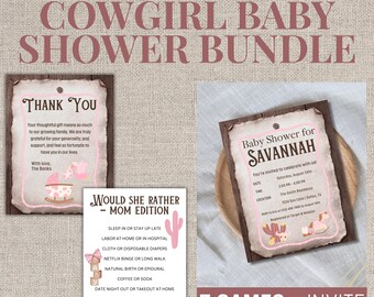 Western Cowgirl Babyparty Bündel | Rosa Rodeo-Thema | Bearbeitbare Einladung & Dankeskarte + 7 Druckbare Spiele | Canva Vorlage Download