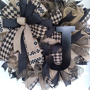 Black Burlap Initial Wreath: Rustic Farmhouse Front Door Decor