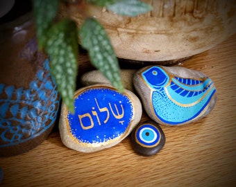 Shalom,peace dove,Against Evil eye,Handmade,Painted pebbles,painted rocks,Painted stones,meaningful gifts,positive word,home decor,Hebrew