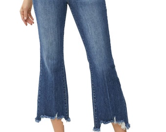 Risen Jeans - High Rise Frayed Hem Ankle Flare Jeans - RDP1059