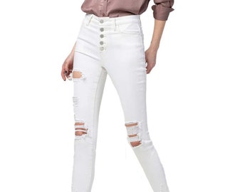 Flying Monkey, High Rise Button Up Skinny White Jean - F4760