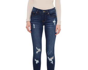 Kancan - Women's Mid Rise Destroyed Skinny Jeans KC8001