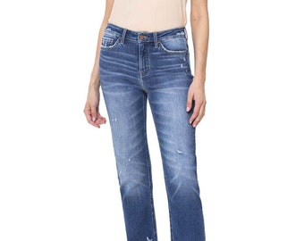 Flying Monkey - High Rise Slim Straight Jean with Raw Hem Detail - F5243