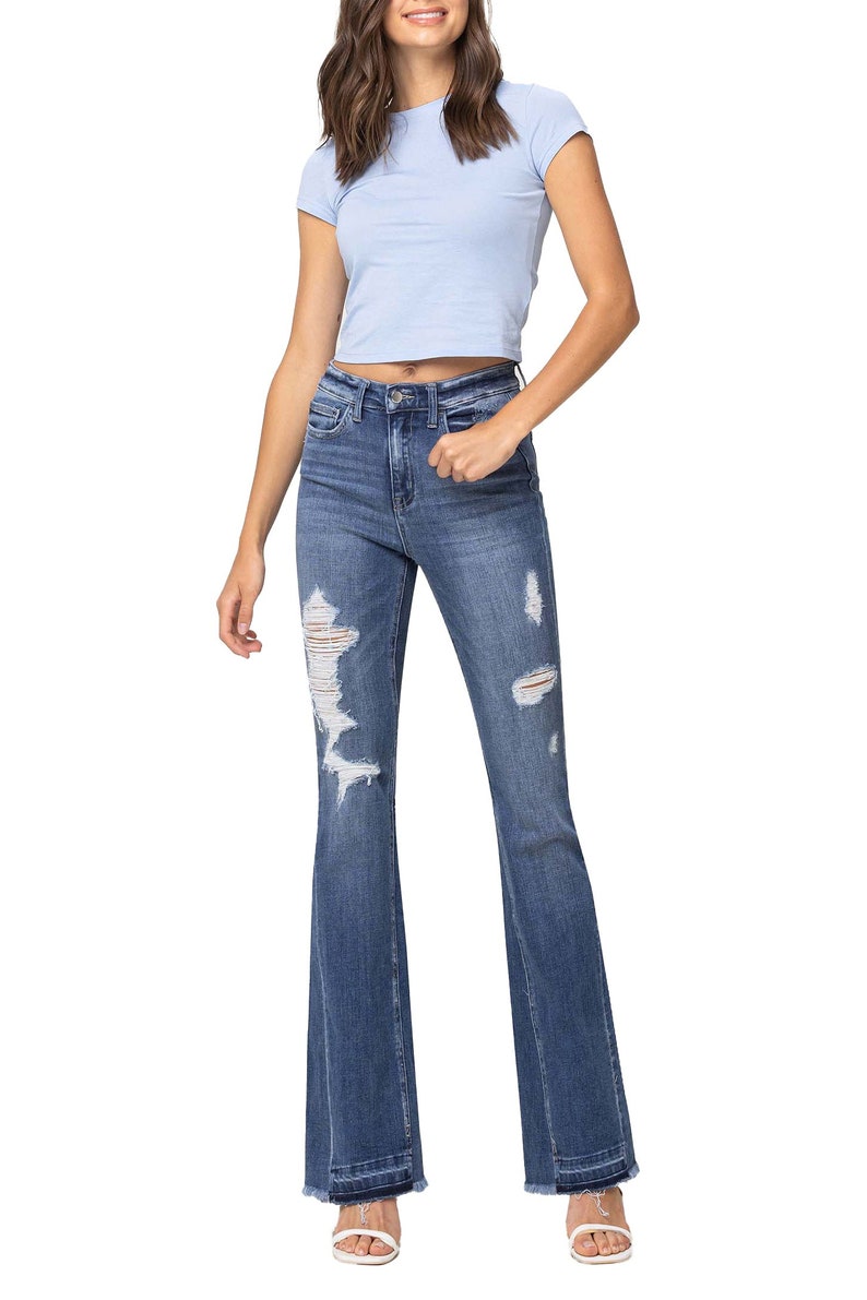 Flying Monkey Farewell High Rise Distressed Insert Panel Released Hem Flare Jeans F4048 image 1
