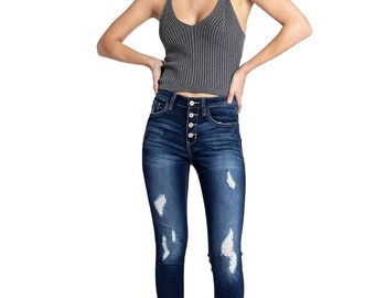 Kancan - Women's High Rise Button Fly Distressed Super Skinny Jeans - kc6192
