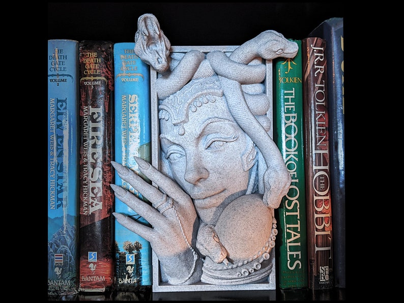 Enchanting Medusa Book Nook: Mesmerizing fantasy horror scene with snakes, books, and captivating details. Dark-themed bookshelf decor. 3D printed.