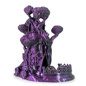 May include: A purple, 3D-printed dice tower shaped like a fantasy tree with a castle-like structure. The tower has intricate details, including arched windows, tree branches, and a decorative base. The dice tower is approximately 18 cm tall.