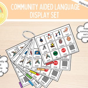 Puede incluir: Un conjunto de tarjetas de comunicación en una anilla metálica, con diseños de cuadrícula, iconos coloridos y etiquetas de texto como wait, help, happy, sad, slide, swing, stop y finish, diseñadas para apoyar la comunicación en la comunidad.