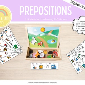 Actividad de preposición. Instrucciones visuales. Tablero PSC. Tarea de aprendizaje manual. Educación especial.