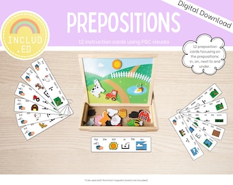 Preposition activity. Visual instructions. Boardmaker PSC. Hand-on learning task. Special education.