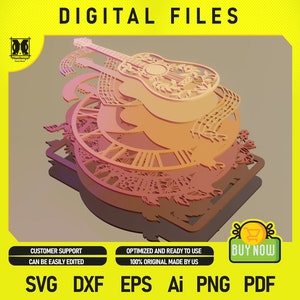May include: A multi-layered digital file design featuring a guitar, musical notes, and a clock face with floral accents. The text includes DIGITAL FILES, CUSTOMER SUPPORT, CAN BE EASILY EDITED, OPTIMIZED AND READY TO USE, 100% ORIGINAL MADE BY US, BUY NOW, SVG, DXF, EPS, Ai, PNG, PDF.