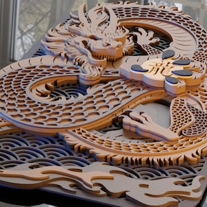 May include: A wooden wall art sculpture of a dragon with intricate details. The dragon is curled up with its tail in its mouth, and its scales are carved in a detailed pattern. The dragon is set against a background of waves, and the entire piece is painted in shades of brown.