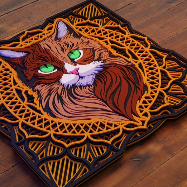 Cat Mandala Layered Wood Parametric SVG Ai DXF