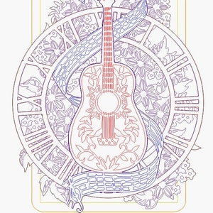 May include: An intricate line drawing of an acoustic guitar, overlaid with floral and ribbon designs. The guitar is centered within a circular frame featuring Roman numerals and more floral elements. The design is in shades of red, blue, and gold.