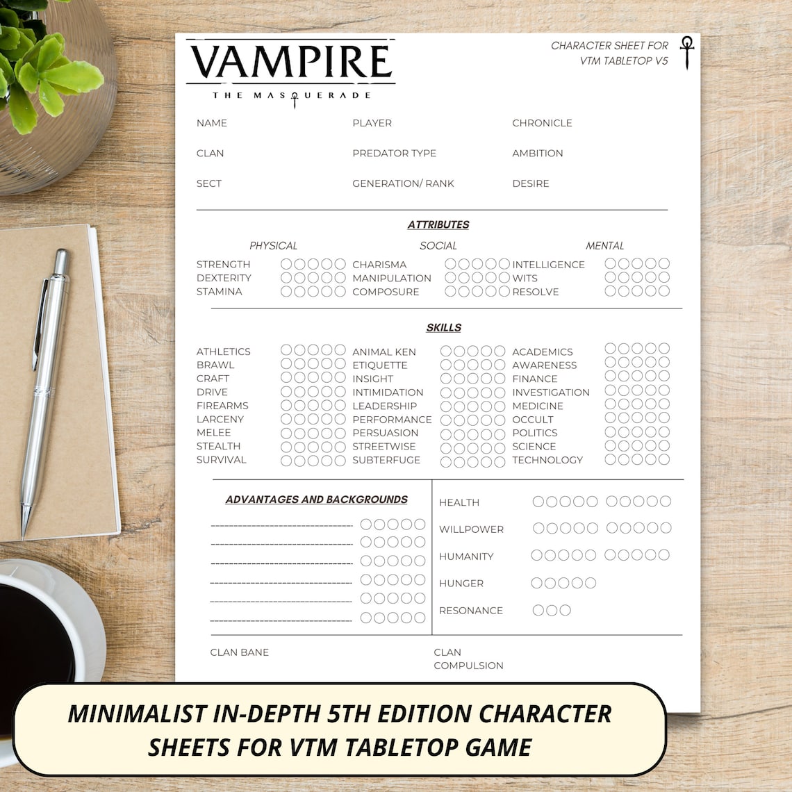 Minimalist Vampire the Masquerade Character Sheet 5th Edition - Etsy