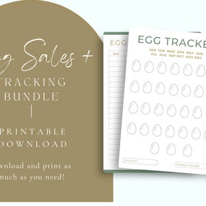 May include: Printable egg tracker sheet with a brown and green background. The sheet has a title that says "Egg Tracker" and includes a grid of circles to track egg production for each month of the year. The sheet also includes spaces to record the total amount of eggs collected and the weekly average.