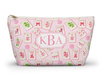 Personalized Mahjong Tile Pouch, Pink Chinoiserie Bag