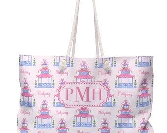 Monogramowana torba Chinoiserie Mahjong: Spersonalizowany prezent z motywem mahjonga, duża torba do noszenia, nadruk pagody