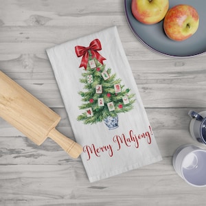 Mahjong Christmas Tree Tea Towel, Mahj Hostess Gift, Holiday Party Kitchen Decor, Gift For Mahjong Lover, Kitchen Towel, Holiday Tea Towel,