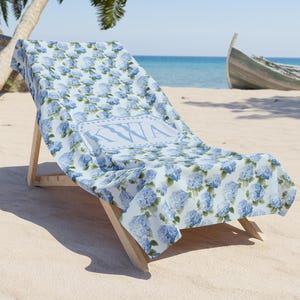 Personalized Hydrangea Beach Towel, Monogrammed Floral for Her