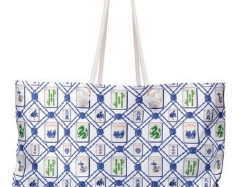 Mahjong Weekender Bag: Blue Chinoiserie Travel Tote with Rope Handles