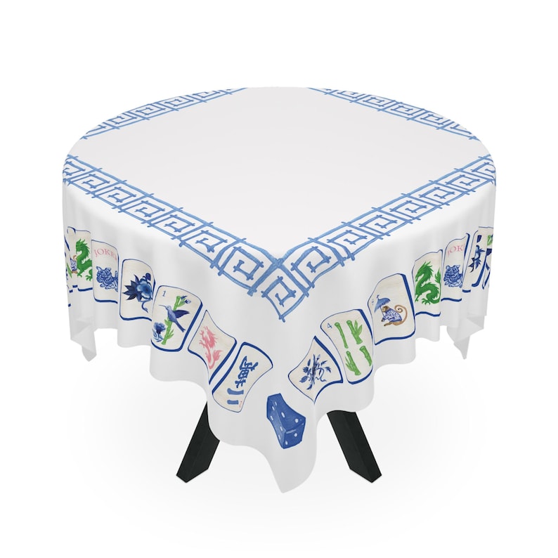 Obrus do gry w mahjonga w stylu chinoiserie, niebieski obrus na stół do gry w mahjonga, akcesoria na imprezę mahjong zdjęcie 5
