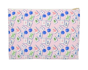 Mahjong Tile Accessory Pouch, Preppy Pink Green Travel Bag