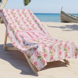 Cottagecore Beach Towel, Monogrammed Pink Rose Floral Shabby Chic Bath Towel, Coquette Pink Rose, Gift For Her, Personalized Towel, Beach