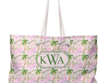 Palm Springs Mahjong Weekender Bag, Pink Green Flamingo Print Mah jongg Accessory, Mahj Organizere