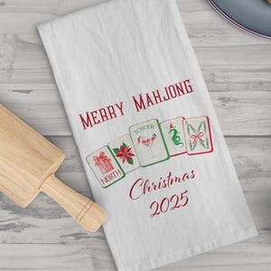 Mahjong Christmas Tea Towel, Hostess Gift, Holiday Kitchen Decor, Gift For Mahjong Player, Mahjongg, Festive Dish Towel, Seasonal home decor