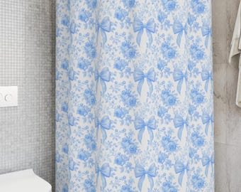 Blue Floral Shower Curtain: Coquette Grandmillennial Bathroom Decor, Dorm Room Accessory, Cottagecore, Shabby Chic