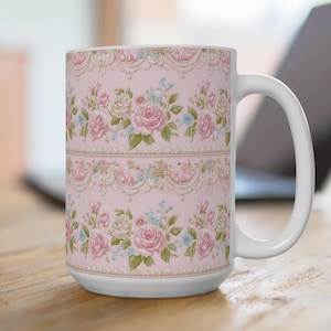 Rococo Floral Mug, Large Coffee Cup for Her, Tea Mug, Vintage Shabby Chic, Feminine Drinkware, Cottagecore, Christmas, Stocking Stuffer