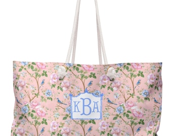 Personalized Mahjong Weekender Bag, Pink Floral Monogrammed Gift