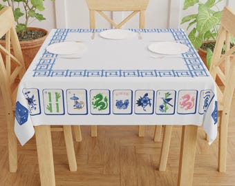Chinoiserie Mahjong Tablecloth, Blue Game Night Table Cover, Mahjong Party Supplies