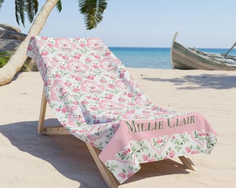 Personalisiertes rosa Teddybär-Rosen-Strandtuch, individueller Name