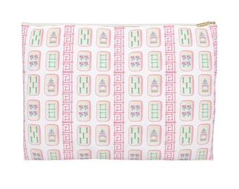 Accessoirezakje mahjongtegel, make-uptas mahjongspel, preppy roze en groen reisetui, Grandmillennial-cadeau, etui, etui met rits