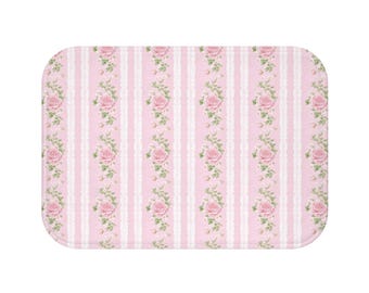 Rose Floral Bath Mat, Feminine Bathroom Decor, Cottagecore  Pink Rose Floral Stripe Bath Accessories, Shabby Chic, Grandmillennial Aesthetic