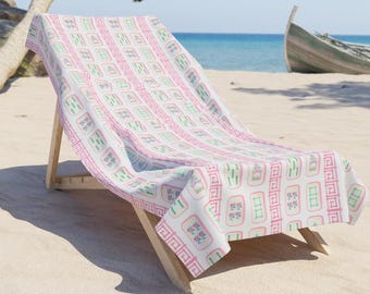 Ręcznik plażowy Mahjong – prezent dla gracza w mahjonga, na urodziny, dzień matki, różowy ręcznik do gry w kafelki w stylu Chinoiserie