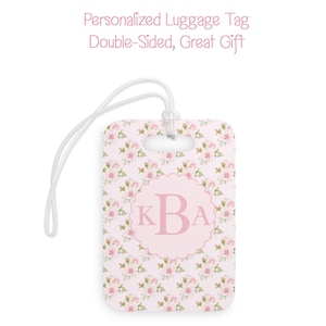 Personalized Pink Rose Monogrammed Luggage Tags, Feminine Pink Diaper Bag Tag, Custom Backpack Tag, Bag Tag, Double sided  Luggage Tag