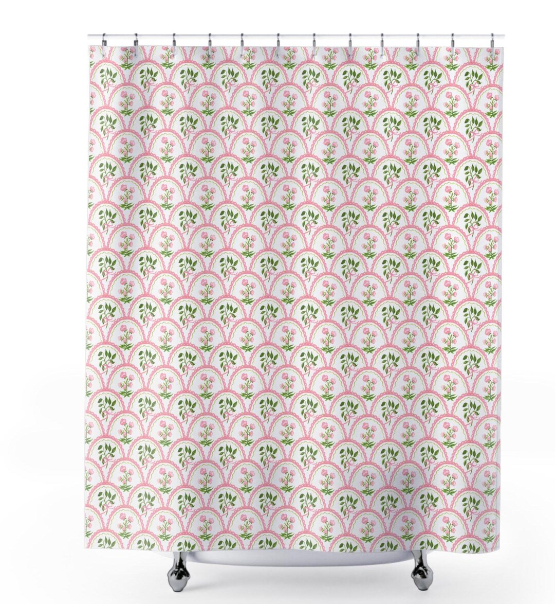 Floral Grandmillennial Shower Curtain, Pink and Green Bathroom Decor