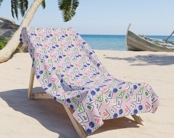 Toalha de praia com estampa de Mahjong, toalha de viagem estilosa para o verão, acessório vibrante para piscina.