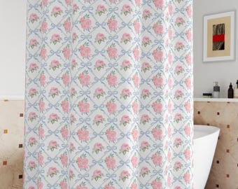 Blommig rosett duschdraperi: Grandmillennial Vintage badrumsdekor bågar och rosor Coquette